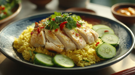 A beautifully plated dish of Khao Mok Gai, featuring fragrant yellow rice topped with succulent chicken, garnished with fresh cucumber slices and coriander.の素材