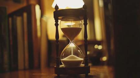 A close-up of a classic hourglass on a wooden table with fine sand slowly flowing, creating a timeless, elegant atmosphere in soft, warm lightingの素材