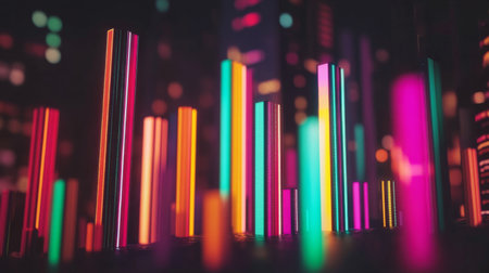 A close-up of a D bar graph with colorful, metallic bars rising against a dark background, showcasing data analysis and market performanceの素材