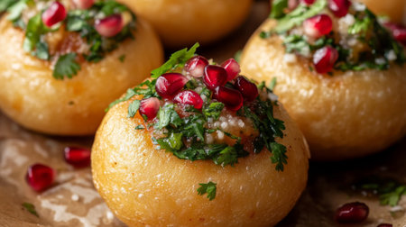 A close-up of a crispy pani puri filled with a spicy mixture, topped with pomegranate seeds and fresh herbs, showcasing the dish's vibrant colors and textures.の素材