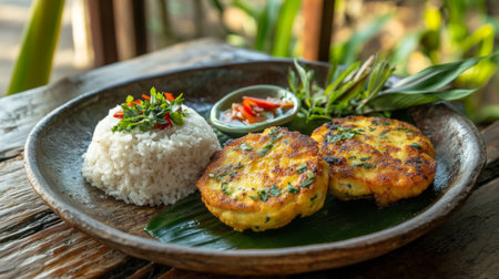 A close-up of a plate of golden-brown fried chicken served with a side of steamed white rice, garnished with fresh herbs and served on a rustic wooden tableの素材