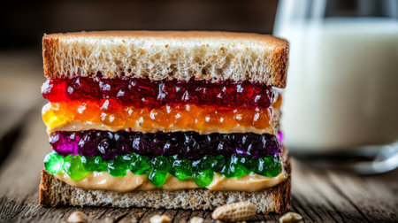 A close-up of a peanut butter and jelly sandwich with colorful jelly oozing out, served on a wooden table with a glass of milk in the background.の素材
