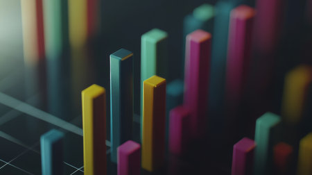 A close-up of a financial bar graph on a business report, with colorful vertical bars illustrating market performance trends over a set periodの素材