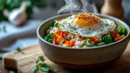 A close-up of a steaming bowl of American fried rice with crispy fried egg on top, surrounded by colorful vegetables, served on a wooden surfaceの素材