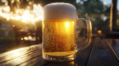 A classic beer mug filled with cold, golden beer and a thick layer of foam, resting on a wooden table with the sunlight casting a warm glow.の素材