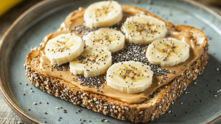 A close-up of a slice of whole grain toast topped with peanut butter and banana slices, sprinkled with chia seeds, showcasing a nutritious snack option.の素材
