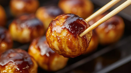 A close-up of a perfectly cooked takoyaki ball being lifted with chopsticks, showcasing its golden exterior and delicious filling, with sauce glistening on top.の素材