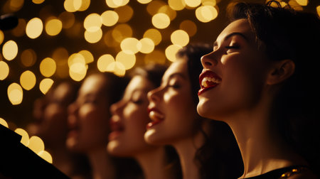 A choir in an elegant performance, with their faces harmonizing in sync and captured against a soft, blurred background that focuses on their expressionの素材