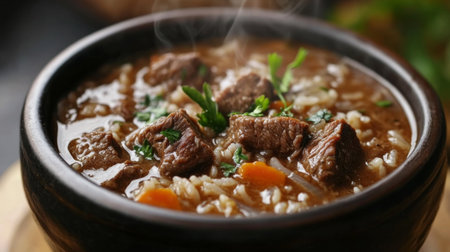 A close-up of a steaming bowl of beef rice, showcasing tender beef, sauted vegetables, and a savory gravy, highlighting the dish's textures and flavors.の素材