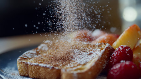A close-up of sweet cinnamon toast sprinkled with sugar and cinnamon, served on a plate with a side of fresh fruit for a cozy dessert vibe.の素材