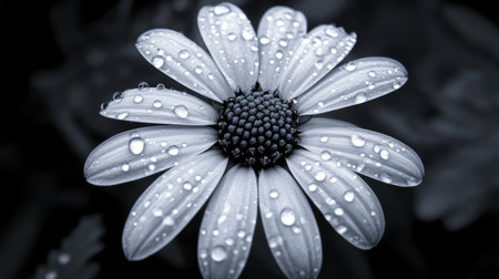 A close-up of a white flower with shimmering water droplets on the edges of its petals, captured with soft, diffused light highlighting the dropletsの素材