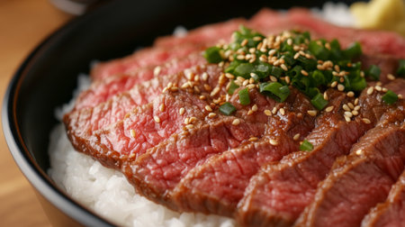 A close-up of beef slices arranged neatly on a bowl of white rice, drenched in a savory sauce with a sprinkle of sesame seeds and green onions, highlighting the texturesの素材