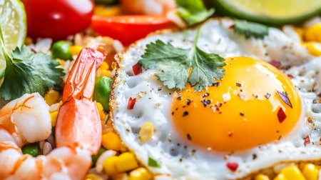 A close-up of Thai fried rice with shrimp, colorful vegetables, and a fried egg on top, garnished with cilantro and lime wedges, highlighting its delicious simplicityの素材