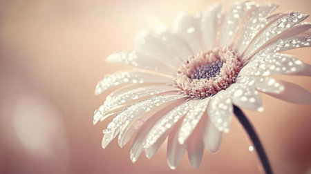 A close-up of a white flower with shimmering water droplets on the edges of its petals, captured with soft, diffused light highlighting the dropletsの素材