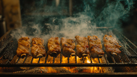A close-up of grilled pork ribs on a barbecue grill, smoke rising as the ribs get their final char, with glowing coals visible beneath for a mouthwatering effect.の素材