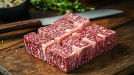 A close-up of premium beef cuts glistening with freshness, displayed on a rustic wooden table with a knife and herbs in the background for a home-cooked feel.の素材