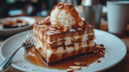 A close-up of a decadent honey toast slice topped with creamy vanilla ice cream, drizzled with warm honey and sprinkled with toasted almonds for an indulgent treat.の素材
