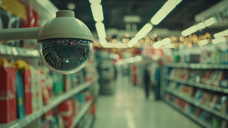 A close-up of a dome-shaped CCTV camera installed in a retail store, with reflections of products visible on the camera lens, emphasizing security in shopping environments.の素材