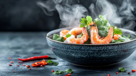 A beautifully arranged serving of tom yum goong in a stylish bowl, with steam rising and garnished with fresh cilantro and red chili for a mouthwatering effect.の素材