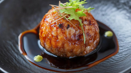 A close-up of a single takoyaki ball, highlighting the octopus pieces peeking through the crispy batter, garnished with sauce and bonito flakes for an appetizing look.の素材
