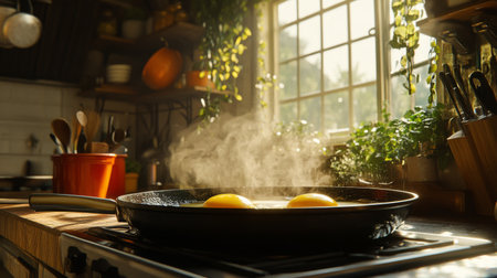 A close-up of a frying pan with two sunny-side-up eggs sizzling in butter, with steam rising, creating a mouthwatering atmosphere in a cozy kitchen.の素材