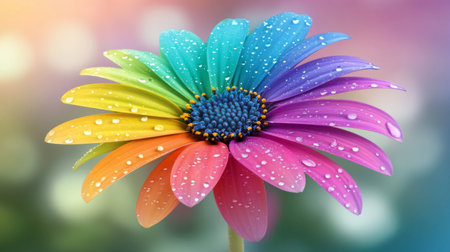 A bright, colorful flower with droplets of water on its petals, set against a blurred garden background, creating a fresh and serene sceneの素材