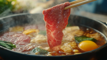 A close-up of a pair of chopsticks lifting a piece of tender beef from the simmering sukiyaki pot, showcasing the rich broth and delicious ingredients.の素材