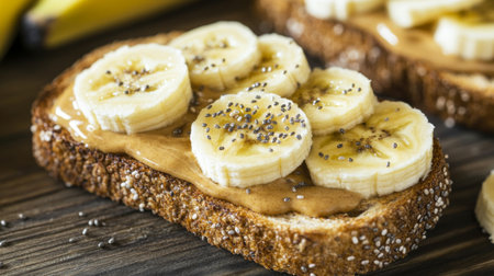 A close-up of a slice of whole grain toast topped with peanut butter and banana slices, sprinkled with chia seeds, showcasing a nutritious snack option.の素材