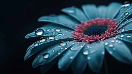 A close-up of a delicate flower with water droplets on its petals, placed on a dark background, with each droplet reflecting the surrounding lightの素材