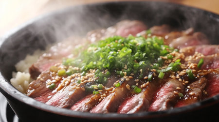 A close-up of tender slices of beef served over a bowl of steaming white rice, topped with a savory sauce and garnished with fresh green onions and sesame seedsの素材