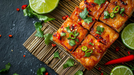 Crispy fried pork belly drizzled with fish sauce, served on a bamboo mat alongside fresh lime wedges and red chili peppers.の素材