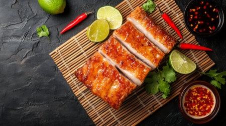 Crispy fried pork belly drizzled with fish sauce, served on a bamboo mat alongside fresh lime wedges and red chili peppers.の素材