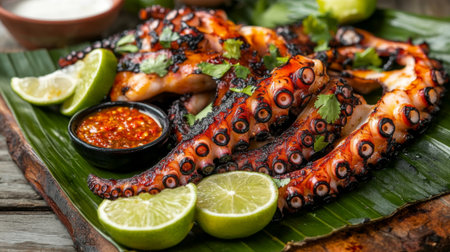 Grilled octopus resting on a banana leaf over a wooden table, accompanied by lime wedges and spicy dipping sauce for a Thai-inspired lookの素材