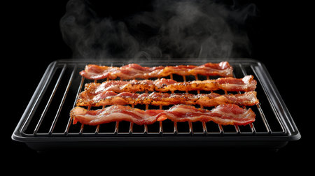 Golden bacon strips cooling on a wire rack, with steam rising from the freshly cooked slices, ready to serve.の素材