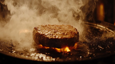 Steak sizzling on a hot grill with flames licking the edges, smoke rising as the meat sears to perfection.の素材