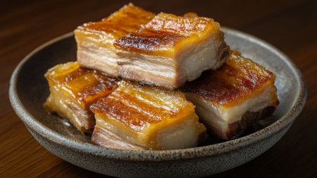 Fried pork belly pieces piled on a ceramic dish, with the golden crispy skin and juicy meat shining under the light, set against a dark wooden table.の素材