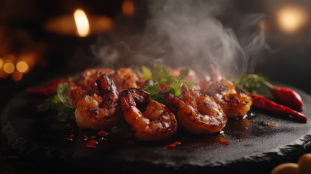 Grilled prawns served on a dark stone plate, artfully plated with coriander and chili on the side, against a neutral-toned background.の素材