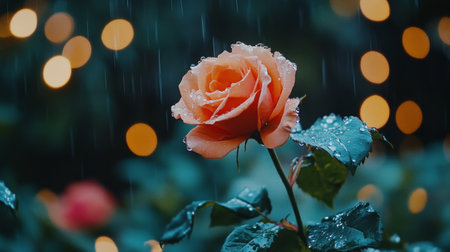 Macro shot of a vibrant orange rose with water droplets, with soft bokeh lights in the background adding a warm, glowing ambianceの素材