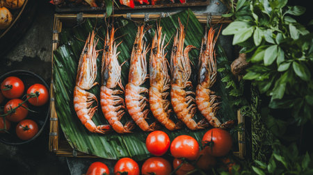 Grilled prawns laid on a banana leaf tray, surrounded by grilled vegetables and traditional Thai herbs, giving a natural, rustic vibe.の素材