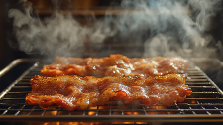 Golden bacon strips cooling on a wire rack, with steam rising from the freshly cooked slices, ready to serve.の素材