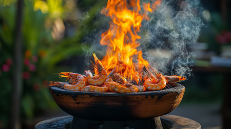 Grilled prawns placed on a traditional clay stove grill with vivid flames and smoke rising, set in an outdoor cooking area.の素材