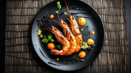 Grilled prawns in an elegant, minimalistic setting, served on a black ceramic plate with artistic garnish, surrounded by natural bamboo mats.の素材