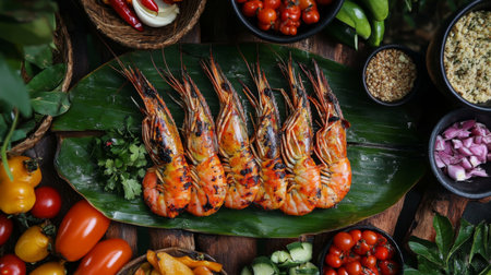 Grilled prawns laid on a banana leaf tray, surrounded by grilled vegetables and traditional Thai herbs, giving a natural, rustic vibe.の素材