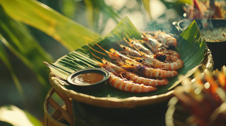 Grilled prawns placed atop a banana leaf with a side of dipping sauce, giving off a fresh and authentic Thai street food feel.の素材