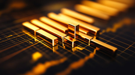A close-up of a D gold bar chart on a digital screen, with gleaming gold bars rising from a grid, representing financial or investment data with a luxurious touch.の素材