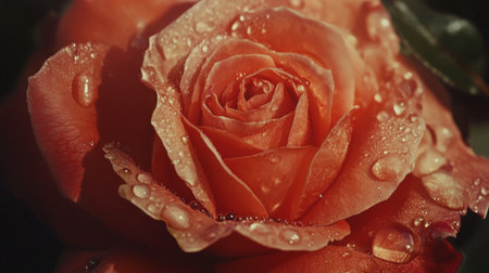 A close-up of a blooming rose with dew drops delicately resting on its petals, showcasing the intricate layers and vibrant color, symbolizing beauty and freshness.の素材