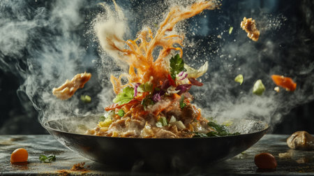 A close-up of a chef expertly tossing  in a sizzling wok, with steam rising and fresh ingredients flying through the air, showcasing the art of traditional Thai cooking.の素材
