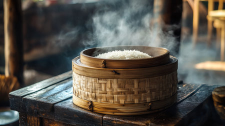 A close-up of a bamboo steamer basket with hot, steaming rice inside, with a rustic background and visible grains, showcasing traditional cooking methods.の素材