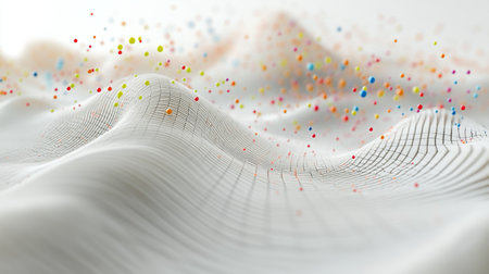 A close-up of a D scatter plot with data points floating above a grid, using different colors and sizes to represent various data metrics.の素材