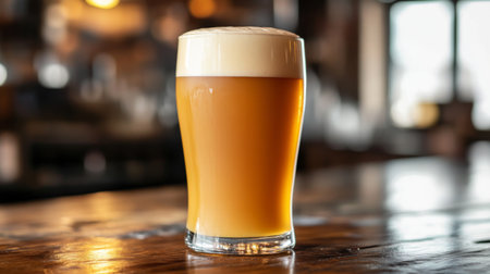 A close-up of a frothy pint of craft beer with a creamy head, served in a clear glass with a slight condensation, showcasing the rich texture and golden color.の素材